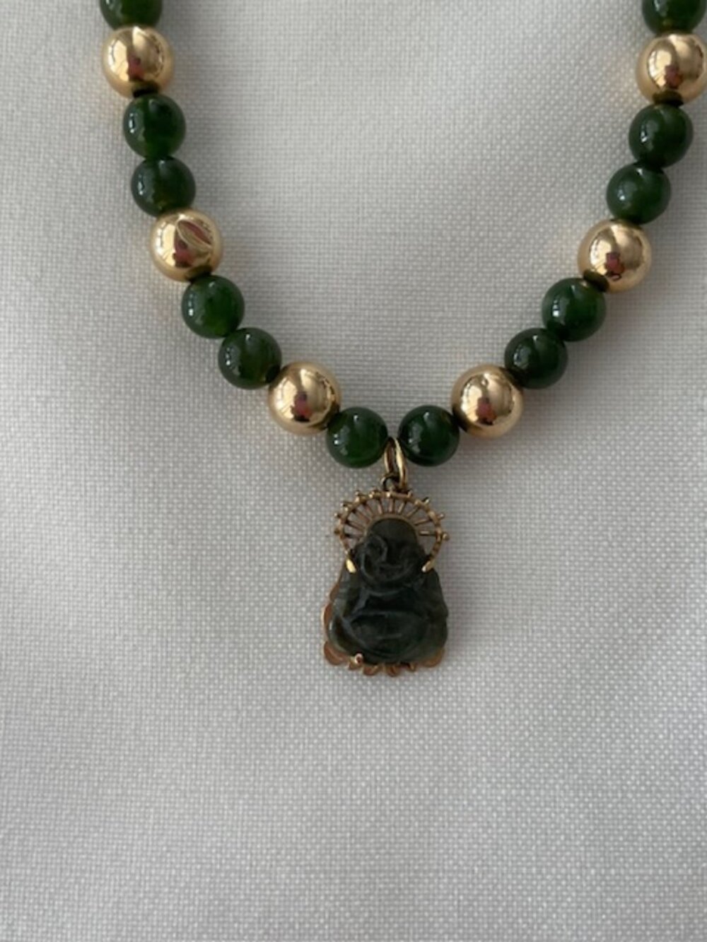 Jade Buddha Pendant with Green and Gold color Beaded Necklace - Vintage